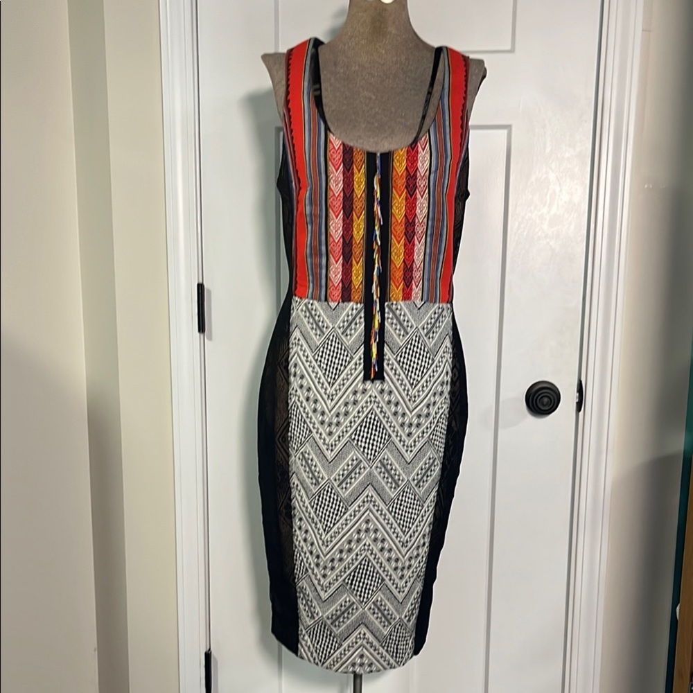 Byron Lars Multicolor Bodycon Midi Dress Scoop Neck Sleeveless Mesh Bead Size 4